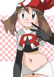  1girl blue_eyes brown_hair hainchu haruka_(pokemon) looking_at_viewer navel nintendo pokemon smile solo team_rocket_(cosplay) 
