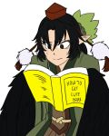  1girl artist_request bangs black_hair book brown_eyes crow_tengu english feathers female harpy hat monster_girl pointy_ears reading solo source_request sweat text wings 