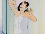  1girl 80s animated animated_gif ayukawa_madoka black_hair closed_eyes female indoors kimagure_orange_road long_hair naked_towel shower solo sparkle towel towel_on_head very_long_hair 