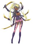  1girl blonde_hair blue_eyes breasts cleavage dark_skin erect_nipples female full_body highres holding holding_sword holding_weapon katana large_breasts leotard looking_at_viewer mechanical_arms multiple_arms namaniku_atk solo sword taimanin_asagi taimanin_asagi_battle_arena thigh-highs twintails weapon yomi_akitsu 