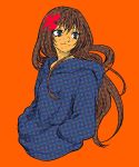  1girl artist_request bangs blue_eyes blue_sweater brown_hair female hair_ornament hands_in_pockets hood hoodie long_hair looking_to_the_side orange_background simple_background solo source_request sweater upper_body 