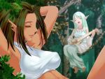  2girls arms_behind_head blue_hair breasts brown_hair closed_eyes elf female forest hammock hechikanism instrument jewelry lute_(instrument) multiple_girls music nature necklace open_mouth peaceful pointy_ears robe singing sleeping smile vines 