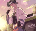  1girl artist_request black_hair closed_eyes double_bun female fingerless_gloves forehead_protector gloves midriff naruto naruto_shippuuden navel open_clothes outdoors scroll smile solo sunset tenten v 