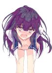  1girl blush breasts haruchika homura_chika long_hair no_bra open_mouth panties purple_hair school_uniform tears underwear undressing violet_eyes 
