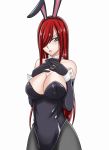  animal_ears black_legwear blush bowtie breasts bunny_girl bunnysuit cleavage detached_collar elbow_gloves erza_scarlet fairy_tail gloves hair_over_one_eye large_breasts leotard long_hair murabito_sono2 open_mouth pantyhose rabbit_ears redhead wrist_cuffs 