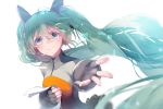  1girl ahoge aqua_nails blurry breasts comet_(artist) crying female fingerless_gloves flowing_hair gloves hand_holding hatsune_miku headphones holding_paper long_hair long_sleeves nail_polish open_mouth paper pixels small_breasts smile solo teal_hair teeth twintails upper_body vocaloid wind 