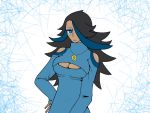  10s 1girl bare_shoulders black_hair blue_eyes breasts cleavage cleavage_cutout dark_skin hair_over_one_eye izumi_(pokemon) izumi_(pokemon)_(remake) long_hair multicolored_hair open-chest_sweater pokemon pokemon_(game) pokemon_oras sweater 