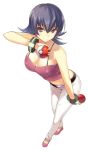  1girl bare_shoulders breasts cleavage erect_nipples full_body gym_leader holding_poke_ball large_breasts long_hair looking_at_viewer natsume_(pokemon) poke_ball pokemon pose purple_hair red_eyes smile solo standing 
