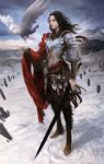  1girl armor belt bird boots breastplate brown_hair cape long_hair owl pteruges red_cape snow solo standing sword vambraces weapon 