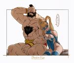  1boy 1girl 90s beard blonde_hair breast_press breasts chest_hair dandon_fuga embarrassed height_difference leotard long_hair mask mohawk muscle nipples rainbow_mika scar shirtless sitting size_difference sleeping sleeping_on_person sleeping_upright street_fighter street_fighter_zero street_fighter_zero_(series) street_fighter_zero_3 twintails wrestling_outfit wristband zangief 