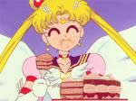  1girl 90s animated animated_gif bishoujo_senshi_sailor_moon bishoujo_senshi_sailor_moon_sailor_stars blonde_hair cake choker closed_eyes eating eternal_sailor_moon food fork hair_ornament long_hair magical_girl purple_background sailor_moon simple_background solo tsukino_usagi twintails wings 