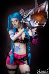  1girl belt blue_hair bra breasts cleavage cosplay gloves jinx_(league_of_legends) league_of_legends long_hair looking_at_viewer shorts tattoo twintails underwear weapon 