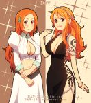  2girls beads black_dress bleach blush breasts brown_eyes cleavage cleavage_cutout crossover dav-19 dress hair_ornament inoue_orihime keyhole_neckline large_breasts long_hair looking_at_viewer midriff multiple_girls nami_(one_piece) navel one_piece orange_hair smile tattoo 