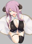  1girl akiryu bare_shoulders blush breast_hold breasts cleavage cow_girl cow_horns female from_above granblue_fantasy hair_over_one_eye highres horns huge_breasts kneeling long_hair looking_at_viewer narumeia_(granblue_fantasy) open_mouth pointy_ears purple_hair sideboob simple_background skirt solo thigh-highs violet_eyes 