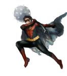  1boy batman_(series) black_hair bodysuit boots cape dc_comics domino_mask full_body gloves mace male_focus mask red_robin red_shoes shoes simple_background solo tim_drake weapon 