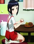  1girl black_hair brown_eyes cup feet hanako-san kneeling no_shoes socks table tagme tea toshi_densetsu_series 