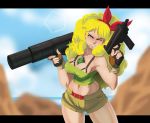 1girl 2016 bangs between_breasts blonde_hair blue_eyes blush breasts brown_gloves cleavage cowboy_shot dated depth_of_field dragon_ball explosive eyelashes fingerless_gloves gloves grenade grin gun hair_ornament hairband horizon looking_at_viewer lunch_(dragon_ball) machine_gun midriff naughty_face navel ocean one_eye_closed outdoors outside_border rocket_launcher shiny shiny_skin short_shorts shorts signature sky solo standing submachine_gun suspenders thighs tovio_rogers tubetop water wavy_hair weapon 
