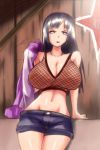  1girl alternate_costume black_hair breasts cleavage evil-dei fishnets hood hoodie huge_breasts hyuuga_hinata large_breasts lavender_eyes long_hair looking_at_viewer naruto naruto:_road_to_ninja navel short_shorts shorts solo 