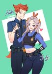  1boy 1girl badge citemer disney green_eyes judy_hopps lavender_eyes looking_at_viewer midriff navel nick_wilde orange_hair personification police police_uniform policeman policewoman silver_hair smile twintails uniform zootopia 