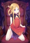  1girl abigail_williams_(fate/grand_order) absurdres bandaid_on_forehead bangs black_dress blonde_hair blue_eyes blush breasts butterfly_hair_ornament chair china_dress chinese_clothes cleavage_cutout closed_mouth crossed_bandaids dress fate/grand_order fate_(series) folded_twintails forehead hair_ornament highres kano_(kotailo) kneeling long_hair looking_at_viewer parted_bangs red_dress short_sleeves side_slit sidelocks smile solo tentacles thighs two-tone_dress 