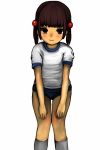  1girl black_hair blush child female gym_uniform hexenschuss looking_at_viewer shiny shiny_skin smile solo 