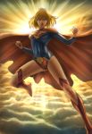  1girl blonde_hair blue_eyes cape dc_comics flying kryptonian leotard s_shield solo supergirl 