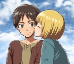  2boys armin_arlert blonde_hair blue_sky blush child closed_eyes clouds eren_yeager incipient_kiss male_focus moxue_qianxi multiple_boys outdoors shingeki_no_kyojin shirt short_hair sky standing yaoi 