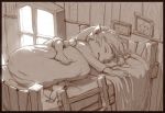  1boy barefoot bed feet indoors male_focus monochrome nintendo pillow pointy_ears short_hair sleeping solo the_legend_of_zelda the_legend_of_zelda:_the_wind_waker toes toon_link usikani window 