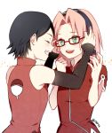  2girls black_hair closed_eyes detached_sleeves glasses green_eyes happy haruno_sakura mother_and_daughter multiple_girls naruto naruto_gaiden nipye pink_hair sleevleess smile time_paradox uchiha_sarada 