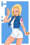  1girl android_18 artist_name blonde_hair breasts dragon_ball dragonball_z female large_breasts looking_at_viewer no_pants panties r3ydart salute short_hair simple_background solo underwear 