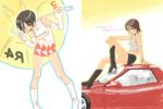  2girls boots breasts brown_hair car drawr dress earrings female fukami_ai gradient gradient_background ground_vehicle hoop_earrings jewelry motor_vehicle multiple_girls nagase_reiko namco ridge_racer shorts sukocchi_moruto umbrella v vehicle white_background 