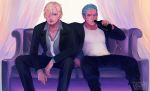  2boys blonde_hair boots bottle cigarette couch green_hair hair_over_one_eye male_focus multiple_boys necktie one-eyed one_piece roronoa_zoro sanji sitting 