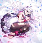  1girl black_legwear closers levia_(closers) long_hair pantyhose pointy_ears silver_hair torn_clothes torn_pantyhose violet_eyes windy4th 
