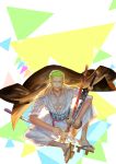  1boy bottle earrings full_body geta green_hair haramaki jacket_on_shoulders japanese_clothes jewelry male_focus multiple_swords muscle one-eyed one_piece roronoa_zoro sandai_kitetsu scabbard scar sheath shusui sitting solo sword wado_ichimonji weapon 