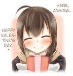  1girl ahoge alternate_costume box braid brown_hair closed_eyes gift gift_box hard_translated kantai_collection mittens ribbon scarf sekino_takehiro shigure_(kantai_collection) single_braid sketch smile solo translated valentine winter_clothes 