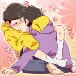  2boys barefoot blush brothers child closed_eyes feet hood hoodie hug kiss male_focus matsuno_karamatsu matsuno_osomatsu multiple_boys nekonekopunyann osomatsu-kun osomatsu-san pants short_hair siblings simple_background sitting socks toes translation_request white_legwear yaoi 