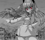  1girl bird coat grete_m_gollob grin liar_lawyer long_hair monochrome raven red_eyes ruins smile strike_witches 