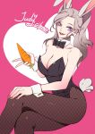  1girl animal_ears breasts bunnysuit carrot citemer cleavage disney fishnet_pantyhose fishnets judy_hopps nail_polish pantyhose personification rabbit_ears silver_hair twintails zootopia 