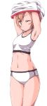  1girl armpits arms_up bangs blush breasts brown_hair closed_mouth cowboy_shot eyebrows_visible_through_hair highres hips hoshizora_rin looking_at_viewer love_live! love_live!_school_idol_project navel one_eye_closed sen_(sen0910) shirt short_hair simple_background small_breasts solo sports_bra sportswear standing thighs undressing white_background white_shirt yellow_eyes 