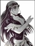  1girl breasts cleavage closed_eyes collarbone crop_top crossed_arms female glasses hair_slicked_back large_breasts legs_crossed long_hair monochrome navel nico_robin one_piece open_clothes open_shirt sarong shirt short_sleeves solo sunglasses unzipped zipper 