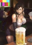  1girl 2boys bar bare_shoulders beer black_hair blonde_hair breasts brown_eyes cleavage cloud_strife cup drinking_glass final_fantasy final_fantasy_vii grin headband hukutuuprunes large_breasts long_hair looking_at_viewer multiple_boys one_eye_closed smile suspenders television tifa_lockhart vincent_valentine 