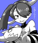  1girl bare_shoulders detached_collar detached_sleeves hair_over_one_eye leviathan_(skullgirls) monochrome simple_background skullgirls smile squigly_(skullgirls) stitched_mouth watson zombie 