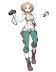  10s 1girl brown_hair camera full_body genzoman gym_leader looking_at_viewer midriff navel nintendo poke_ball pokemon pokemon_(game) pokemon_xy short_hair solo tank_top viola_(pokemon) 