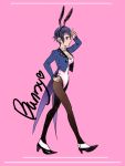  1girl blue_hair breasts bunnysuit cleavage female full_body high_heels persona persona_4 shirogane_naoto short_hair simple_background solo 