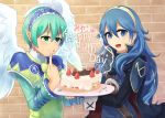  2girls aqua_eyes aqua_hair armor belt blue_eyes blue_hair cake cape fire_emblem fire_emblem:_kakusei hairband long_hair lucina luminous_arc luminous_arc_2 multiple_girls open_mouth sadie short_hair smile strawberry tongue tongue_out wings 