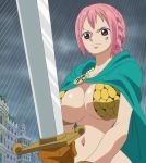  1girl armor bikini_armor breasts cape female gloves navel one_piece pink_hair rebecca_(one_piece) screencap solo stitched sword 