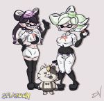  +_+ 2girls aori_(splatoon) breasts cosplay dullvivid fangs hotaru_(splatoon) meowth mole mole_under_eye multiple_girls nintendo pokemon splatoon team_rocket tentacle_hair thigh-highs wink yellow_eyes 