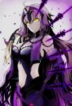  1girl ahoge bare_shoulders blonde_hair breasts chains cleavage cowboy_shot expressionless fate_(series) gloves glowing glowing_eyes headpiece holding holding_hair jeanne_alter long_hair looking_at_viewer medium_breasts ruler_(fate/apocrypha) solo yellow_eyes 