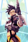  1girl cropped_jacket eddie_holly goggles gun handgun looking_at_viewer midriff navel overwatch parted_lips solo spiky_hair tracer_(overwatch) weapon 