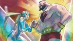  1boy 1girl beard breasts capcom chest_hair cleavage facial_hair hand_holding mohawk muscle official_art rainbow_mika street_fighter street_fighter_v twintails wrestling_outfit zangief 